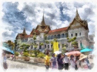 Fototapeta premium Landscape of the Grand Palace Wat Phra Kaew in Bangkok Thailand watercolor style illustration impressionist painting.