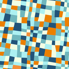 Fototapeta premium Abstract checkered pattern for fabric or background. Blue tones with orange splashes.