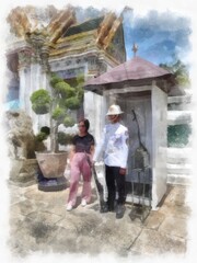 Obraz premium Landscape of the Grand Palace Wat Phra Kaew in Bangkok Thailand watercolor style illustration impressionist painting.