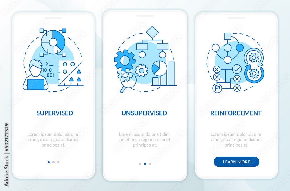 Wall mural categories of machine learning blue onboarding mobile app screen. walkthrough 3 steps graphic instru