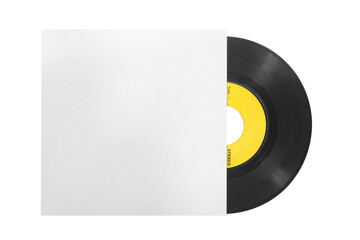 Single 45rpm vinyl record with envelope on white background