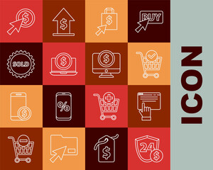 Set line Shield with dollar, Online shopping on screen, Shopping cart check mark, Shoping bag and, Laptop, Sold label, Cursor coin and Computer monitor icon. Vector