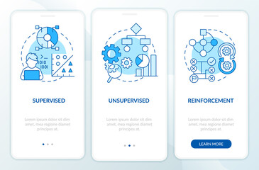 Categories of machine learning blue onboarding mobile app screen. Walkthrough 3 steps graphic instructions pages with linear concepts. UI, UX, GUI template. Myriad Pro-Bold, Regular fonts used