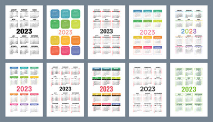 Calendar 2023 year set. Vector pocket or wall calender template collection. Week starts on Sunday. January, February, March, April, May, June, July, August, September, October, November, December