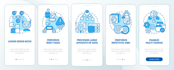 Artificial intelligence advantages blue onboarding mobile app screen. Walkthrough 5 steps graphic instructions pages with linear concepts. UI, UX, GUI template. Myriad Pro-Bold, Regular fonts used