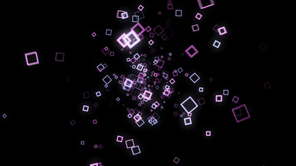 Cyber stream of neon squares on black background. Animation. Colorful neon squares vibrate hypnotically in the stream on black background