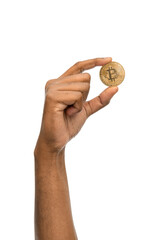 Fototapeta na wymiar cryptocurrency, finance and business concept - close up of female hand holding golden bitcoin over white background