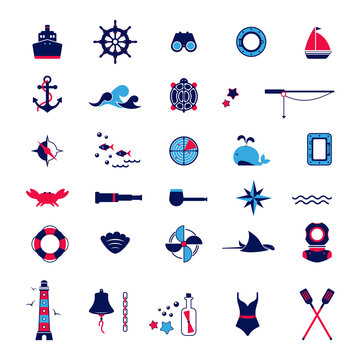 Vector set of flat icons on the theme of the sea, navigation, sea travel, tourism. Nautical illustration of objects of seafaring