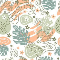 Seamless pattern abstract exotic plants and flowers soft colors