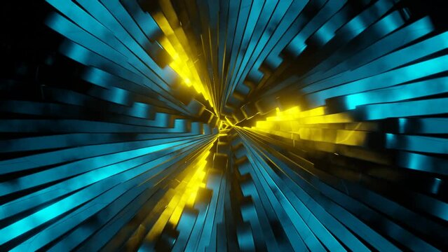 Abstract animated screensaver of cyclic translational spiral motion of mechanical parts with fiery reflections