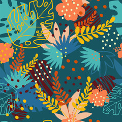 Seamless pattern abstract exotic plants and flowers bright