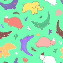 Seamless childrens pattern with wild animals and plants. Vector elephant, crocodile and rhinoceros hand drawn colorful background. Multi-colored cactus and leaves of tropical trees and plants.