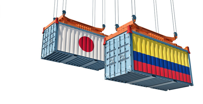 Cargo containers with Japan and Colombia national flags. Isolated on white. 3D Rendering