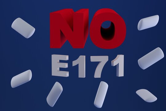 Food additive E171 chewing gum and the inscription no on a blue background. Titanium dioxide ban. 3D render.