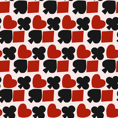 Pattern of red hearts and diamonds. Black spades and crosses. Vector and seamless decor casino pattern.