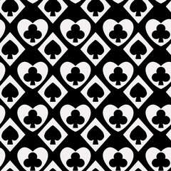 Black pattern of white hearts and diamonds. Inside are black spades and crosses. Vector and seamless decor casino pattern.