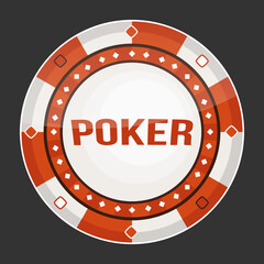 Orange poker chip. Vector lettering poker. Big round casino chip. - obrazy, fototapety, plakaty