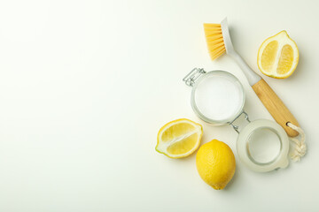 Concept of household cleaners, lemon acid, space for text