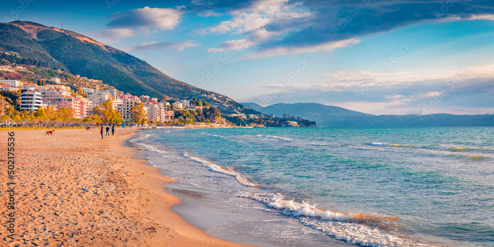 Poster Sunny summer cityscape of Vlore town. Nice morning seascape of Adriatic sea. Splendid outdoor scene of Albania, Europe. Traveling concept background.