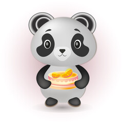 Vector 3d illustration, cute panda is holding a cake. Kawaii smiling cartoon animal. Suitable for cards, baby products, children's books, goods. © Violetta