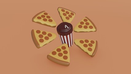 Small slices of pizza. Slice of pizza and a cup of coffee. Pizza and soda 3d render