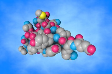 Epidermal growth factor domain of P-selectin. Space-filling molecular model on blue background. Rendering based on protein data bank. Scientific background. 3d illustration