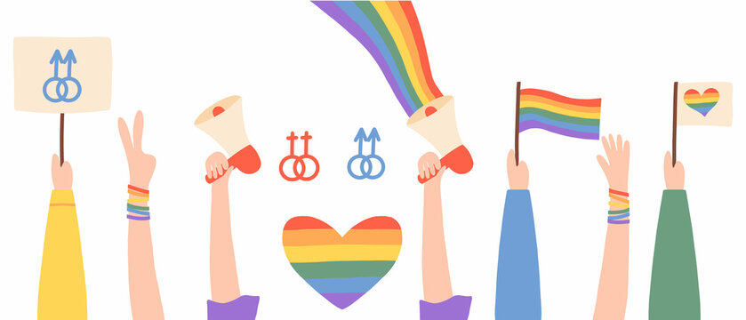 People hold megaphone and flags with lgbt rainbow and transgender flag during pride month celebration against violence, descrimination, human rights violation. Equality and self-affirmarmation.