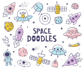 Set of space outline doodles. Cosmic collection of spaceships, stars, ufo and meteors. Outer space doodle bundle.