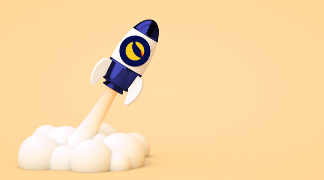Valencia, Spain - May, 2022: Terra to the moon, bullish altcoin LUNA cryptocurrency. Terra token crypto currency logo in a rocket with copy space background in 3D rendering. Blockchain defi concept