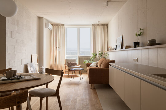 loft style open plan apartment, loft style kitchen interior, living room