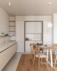 modern beige kitchen interior with kitchen accessories, loft style kitchen interior