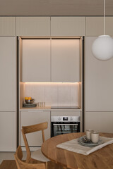 modern beige kitchen interior with kitchen accessories, loft style kitchen interior, close-up on a kitchen	