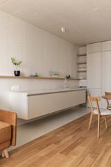 modern beige kitchen interior with kitchen accessories, loft style kitchen interior