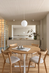 modern beige kitchen interior with kitchen accessories, loft style kitchen interior, apartment with open plan