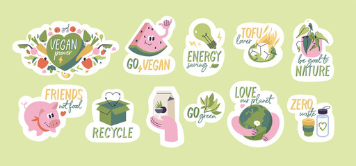 Vector illustration set of ecology stickers with quotes -vegan, zero waste, recycle, eco friendly, environment protection.