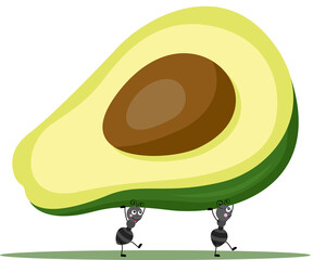Cute ants carrying a half fresh fruit avocado