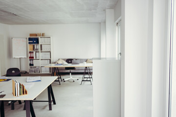 table for businessman or student at home, comfortable workspace, workplace with computer in apartment