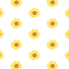 Hand drawn vector illustration of daisy flower with smiley face pattern in cartoon style. Pattern for textile, fabric, wrapping paper. - 502178123