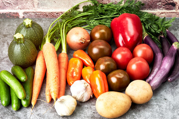 Variety of fresh and healthy organic fruits and vegetables. Vegan and vegetarian food