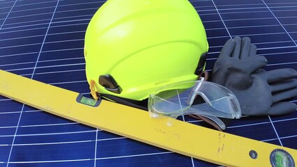 Engineers solar panel installation tools and gear, left on photovoltaic cell surface