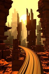 Futuristic architecture rendering with highway. Science fiction cityscape in sunset colors. 3D rendering © CROCOTHERY