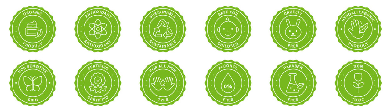 Nature Organic Eco Friendly Cosmetic Ingredient Green Label Set. Bio Makeup Cosmetic Product Stamp. Cruelty Free, Natural Skincare Sticker. Herbal Certificate Sign. Isolated Vector Illustration