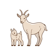 llustration of domestic mother goat with baby. Simple contour vector illustration for emblem, badge, insignia.