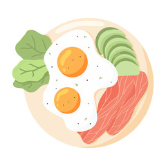 Eggs on a Plate. Fried Eggs with Avocado and Fish Vector illustration in cartoon style. English delicious Breakfast. Omelet with avocado and fish.