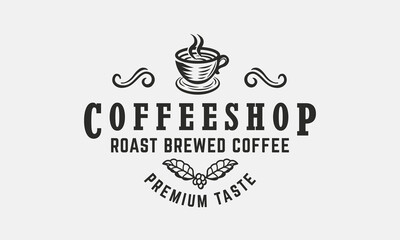 Coffee shop vintage logo. Coffee logo, label, poster with coffee cup and branch. Modern design poster. Label, badge, poster for cafe. Vector illustration