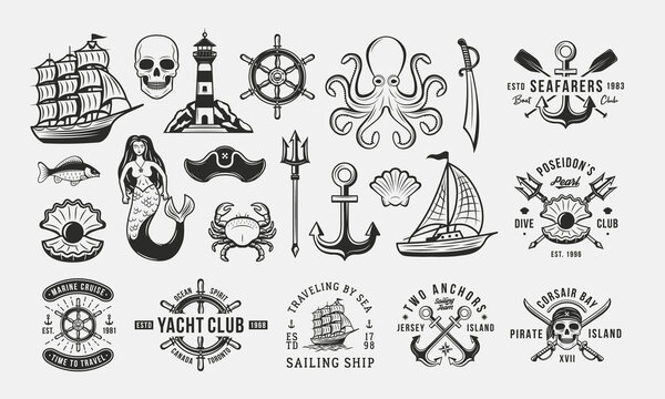 Collection of Nautical, Marine and Pirates logos, emblems, labels, badges. Set of 7 logo templates and 15 design elements for logo design. Vector templates