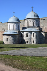 An ancient cathedral and church in the Ivangorod medieval fortress on the border of Russia and Estonia in the Leningrad region. Medieval architecture and historical heritage.       