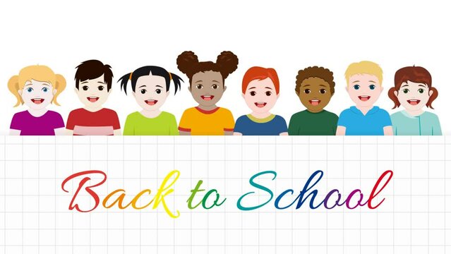 Pupils back to school. Children play hiding behind a wall and then go out happy and smiling. Animated illustration with text