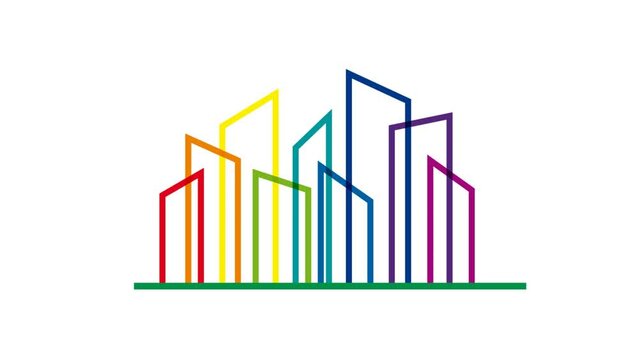 Residential and Commercial Real Estate. Creative animated illustration, rainbow colors on white background