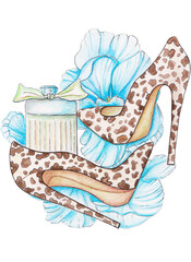 Leopard women's shoes with heels and perfume and blue flowers on a white background.Idea for fashion and beauty.